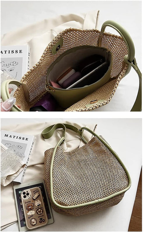 Women Faux Straw Bag Weave Tote Bag Summer Beach Bag Shoulder Bag Top Handle Bag Handbag 2 Pcs Set...