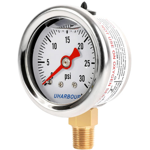 Glycerin Filled Pressure Gauge with 304 Stainless Steel Case, 1-1/2" Dial Size, 0-30Psi, High Accuracy, 1/8"NPT Center Lower Mount...