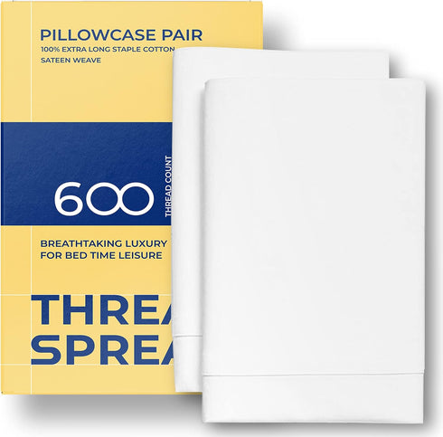 THREAD SPREAD 100% Pure Egyptian Cotton Pillow Cases - 600 Thread Count Pillow Cases Queen/Standard Size Set of 2, Soft & Breathable Extra Long St...