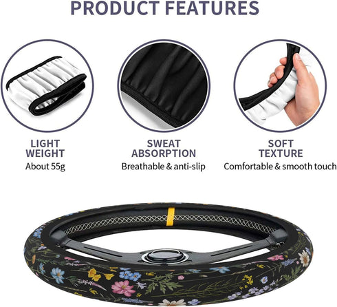Colorful Wildflower Steering Wheel Cover Neoprene Material Most Cars Universal 15 inch Premium Non-Slip Breathable Flower Embroidery Car Steering ...