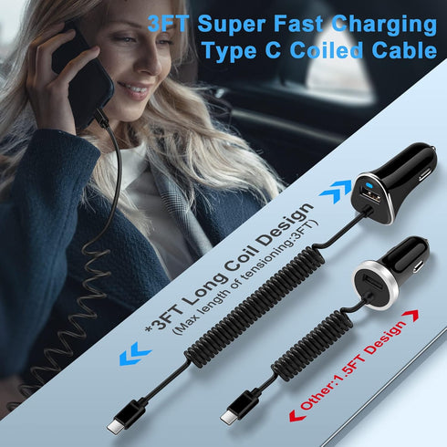 Fast Car Charger Pixel 7 Type C Car Plug Android USB C Cigarette Lighter Car Adapter Fast Charging C Coiled Cable for Samsung Galaxy A14 5G/S23/A5...