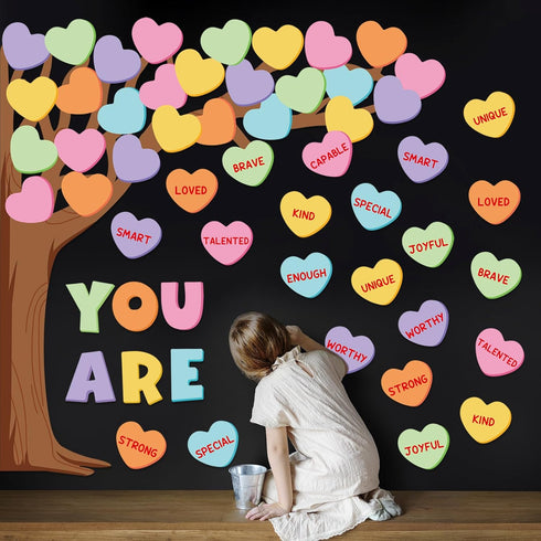 61Pcs Valentine's Day Classroom Bulletin Board Set Classroom Decoration Conversation Candy Heart Tree Cutout with Glue Points for School Wall Door...