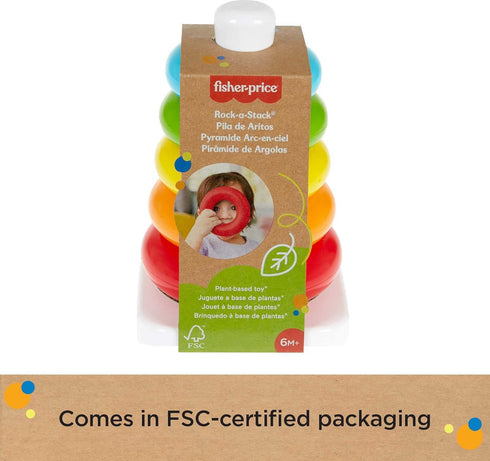 Fisher-Price Baby Stacking Toy Rock-A-Stack Rings with Roly-Poly Base for Ages 6+ Months, Made with Plant-Based Materials...