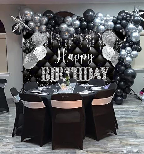 Black Silver Happy Birthday Banner Backdrop 7x5FT Black and Silver Party Decorations Silver Glitter Birthday Background for Women Men Birthday Par...