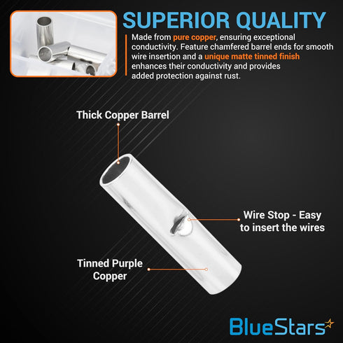 BlueStars 100 PCS Non-Insulated Butt Connectors, Butt Splice Connectors for 16-22 AWG - Marine Grade Pure Copper Tin Coated Crimp Terminals for El...