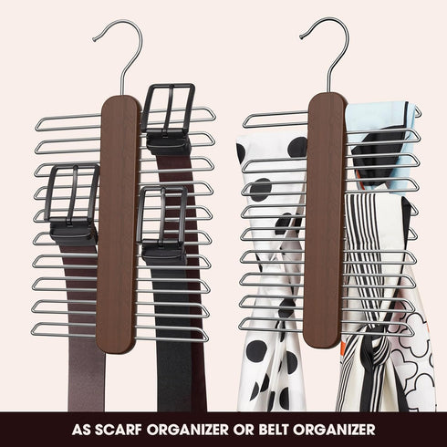 Tie Hanger, Rust Resistant Wooden Necktie Organizer with 20 Swivel Hooks, 360 Degree Rotation, Space Saving, Ideal for Closet Storage...