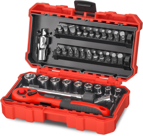 35 Pieces 1/4 inch Drive Socket Ratchet Wrench Set, Mini Ratcheting Wrench with Bit Socket Set Metric and Extension Bar for Auto Repairing...