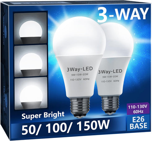 Briignite 3 Way LED Light Bulbs 50-100-150W Equivalent Daylight White 5000K, 3-Way A21 LED Light Bulb E26 Medium Base, 600LM-1250LM-1850LM, Perfec...