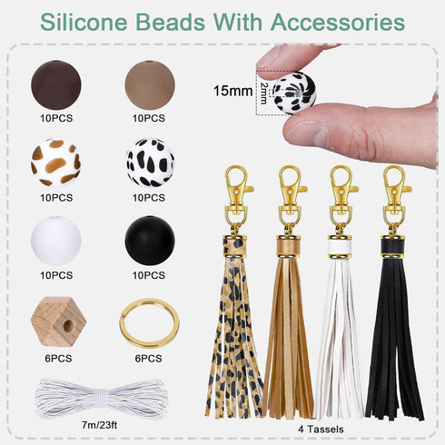 JarThenaAMCS 100Pcs Cow Print Silicone Beads Assorted Brown Black White Round Rubber Beads Keychain Making Kit with Elastic Rope Wood Beads Key Ri...