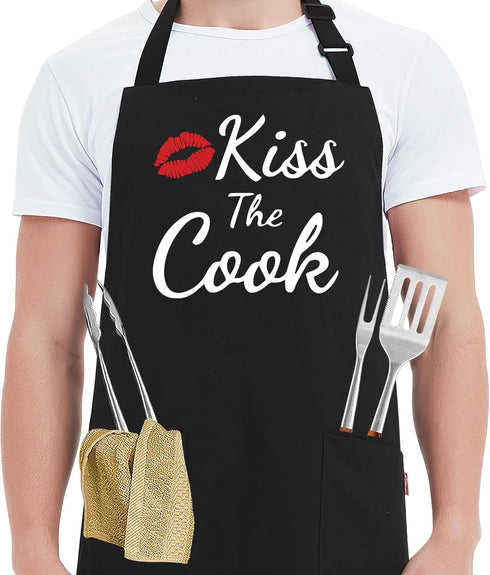Funny Aprons for Women Men - Kiss the Cook Apron - Funny Chef Cooking BBQ Grill Aprons with 2 Pockets - Birthday Mothers Day Gifts for Mom, Wife -...