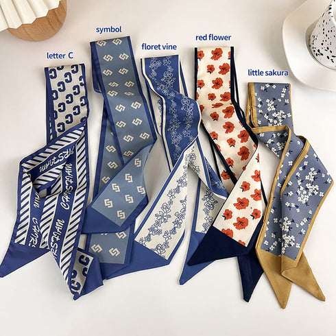 Retro small silk scarf girl heart spring and summer narrow ribbon headband headband bag decoration long scarf headdress (blue hair band 5pcs)...