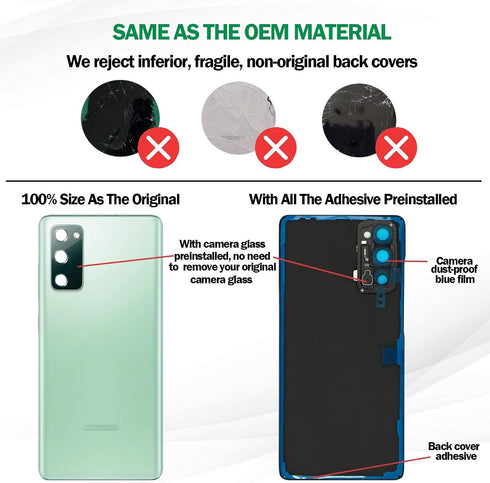 Galaxy S20 FE Rear Glass Replacement Back Cover w/Pre-Installed Camera Lens + All The Adhesive + Installation Manual + Tools for Samsung Galaxy S2...