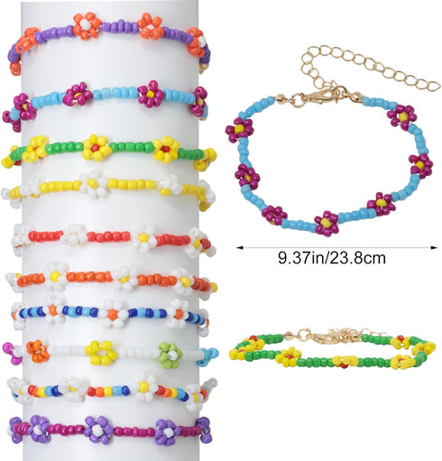 yueton 10PCS Colorful Flower Rice Bead Adjustable Bracelet Boho Daisy Bead Bracelet Set Cute Handmade Bead Bracelets for Women Beach Summer...