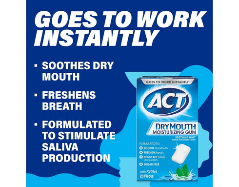 ACT Dry Mouth Moisturizing Gum, Soothing Mint, Sugar Free, 20 Count (Pack of 2)...