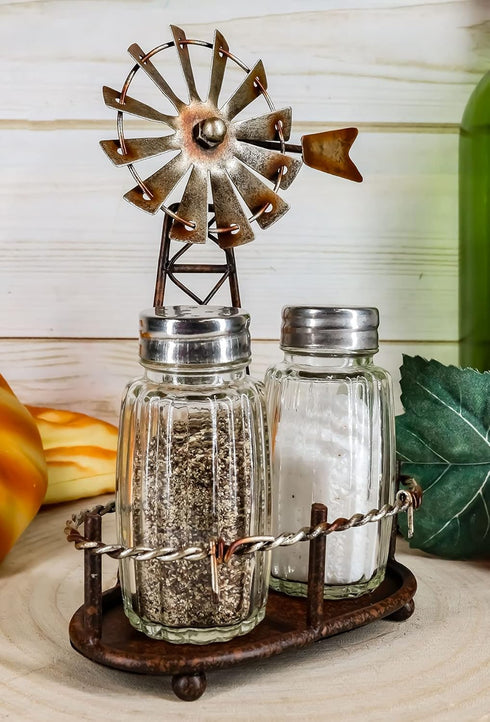Ebros 6.5"Tall Rustic Country Farm Agricultural Windmill Outpost Salt And Pepper Shakers Holder Display Stand Set Western Kitchen Dining Home Deco...