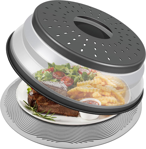 10 Inch Microwave Food Cover & Collapsible Silicone Mat - Splatter Guard, Plate Holder & Kitchen Colander for Meal Prep, Charcoal...