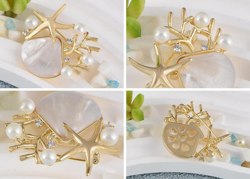 Alilang Elegant Zircon Gold Starfish Shell Pearl Brooch Pins For Ladies Inlay Sea Animal Jewelry Brooches...