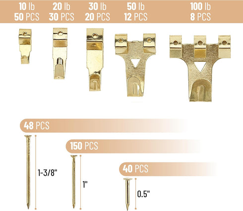 Mr. Pen- Picture Hanging Kit, 410pc, Gold, Picture Hangers, Nails for Hanging Pictures, Wall Hangers, Picture Hanging, Picture Hanging Hooks, Fram...