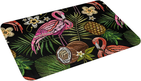 Embroidered Flamingo Tropical Palm Leaves Bath Rugs Mats Door Mat Outdoor Doormat Non Slip Absorbent Bathroom Floor Mat Carpet for Home Kitchen En...
