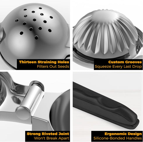 Stainless Steel Lemon Squeezer - Metal Citrus Juicer - Lime Lemon and Fruit Juicer with Silicone Handles - Large Manual Citrus Press Juicer - Hand...
