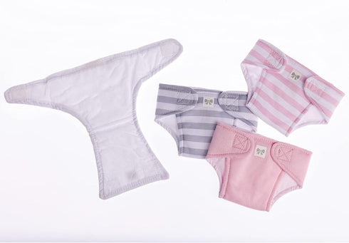 JC Toys Baby Doll Washable and Reusable Eco Diapers 4 Pack Fits Dolls 14 to 18 inch in Pink/White/Grey...