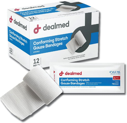Dealmed 6" Sterile Conforming Stretch Gauze Bandages, 4.1 Yards Latex Free Stretched Dressing Wrap, Medical Non-Adherent Wound Care Mesh Bandages ...