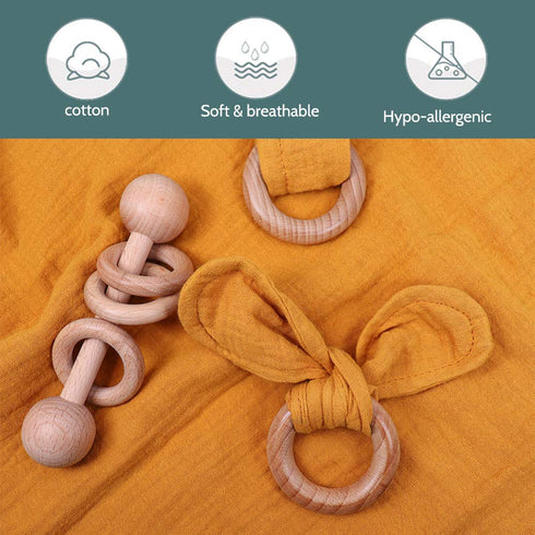 Baby Lovey, Wood Rattle, Teether Ring, 3 Pack Montessori Gift, Ginger, 100% Cotton, Double Gauze, Baby Girl Shower Gift...