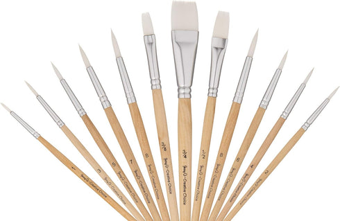 Jerry Q Art 12 PC White Synthetic Hair Round and Flat Paint Brush Set with Short Wood Handle for Acrylic, Watercolor and All Media JQ17931...