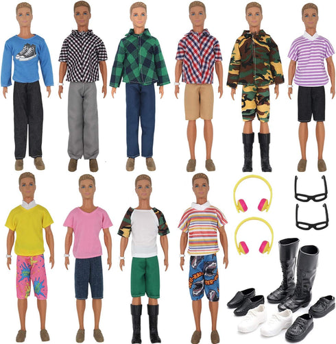 32Pcs Doll Clothes and Accessories for 12 Inch Boy Dolls Include 20 Different Wear Clothes Shirt Jeans Beach Shorts 4 Pairs of Shoes, Glasses, Ear...