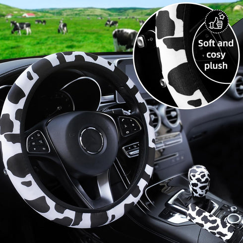 SuperKaKa 3PCS Cow Print Steering Wheel Cover,Auto Cute Anti-slip Breathable Cow-Pattern Shift Gear & Hand Brake Covers Universal Car Interior Acc...