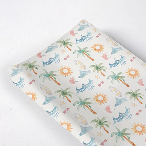 Summer Beach Sun Changing Pad Cover, Summer Elements Prints Baby Nursery Diaper Changing Table Pad Cover, Unisex Beach Palm Tree Pattern Diaper Ch...