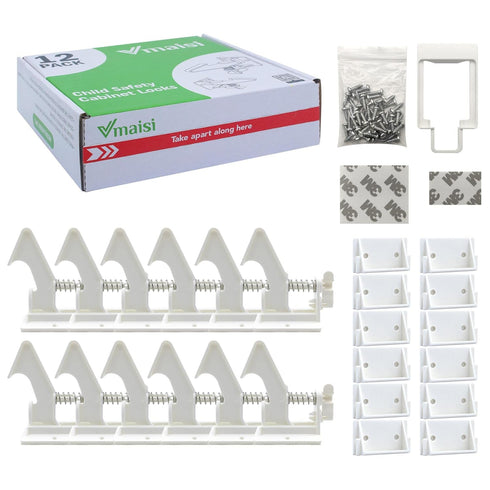 12 Pack Cabinet Locks Child Safety Latches - Vmaisi Baby Proofing Cabinets Drawer Lock with Adhesive Easy Installation - No Drilling or Extra Scre...