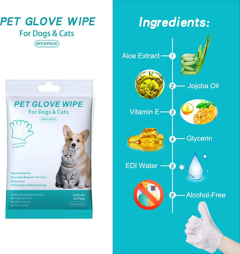 6PCS Cats & Dog Washing Gloves, Dog Wipes Cleaning Deodorizing Grooming Gloves, Rinse-Free Pet Wipes for Dogs & Cat Quick Cleaning after Outdoor A...