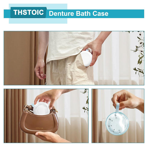 Denture Case & Cup, Travel Retainer Case with Mirror, No-Leak False Teeth Cleaning Container: Full & Partial Dentures Soaking, Denture Bath Holder...