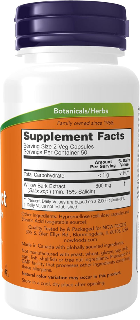 NOW Supplements, White Willow Bark 400 mg with 15% Salicin, Standardized Extract, 100 Veg Capsules...