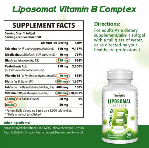 Active B Complex Liposomal B Vitamins with Choline Inositol, 90 Softgels High Potency B1, B2, B3, B5, B6, Biotin, Folate, Methylated B12- Immune, ...