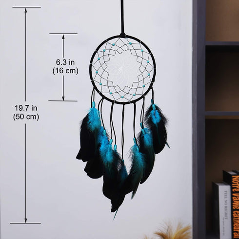 Dream Catcher with Bicolor Mesh, Handmade Dark Tone Dreamcatcher with Black and Turquoise Feather Wall Hanging Decoration...