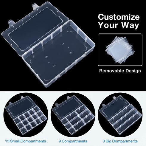 Benbilry 2 Pack 15 Grids Clear Storage Containers Plastic Organizer Box Craft Storage Boxes with Adjustable Dividers for Beads Organizer Art DIY F...