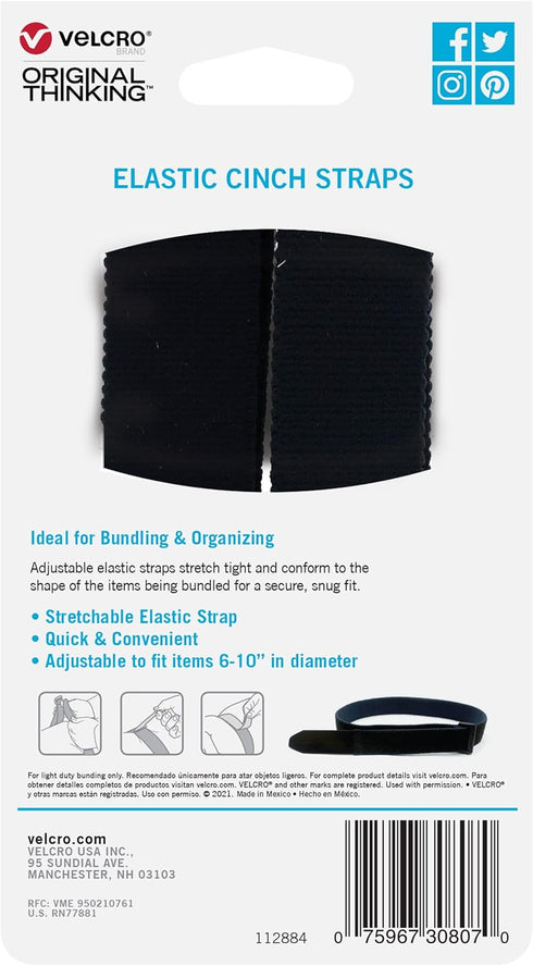 VELCRO Brand All-Purpose Elastic Straps | Strong & Reusable | Perfect for Fastening Wires & Organizing Cords | Black, 30in x 1in | 2 Count...