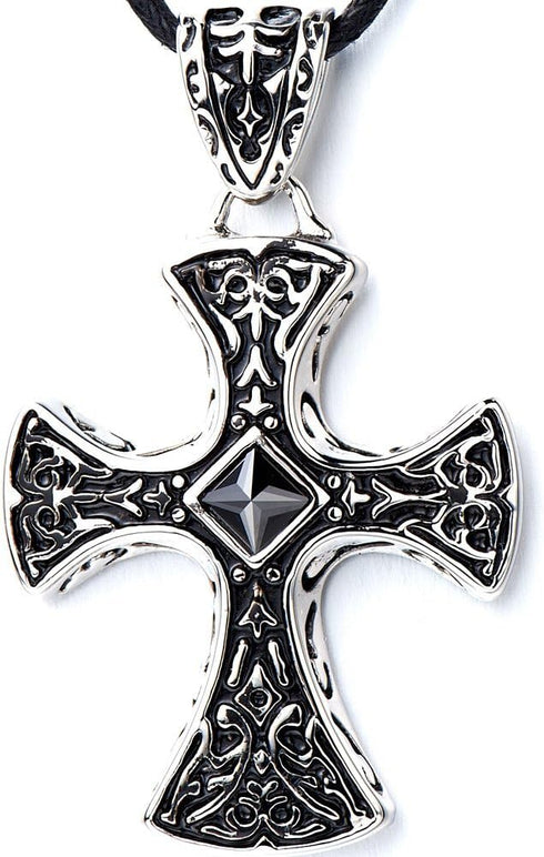 COOLSTEELANDBEYOND New Stainless Steel Gothic Celtic Cross Pendant Necklace with Cz Accent 22.8 Inches Black Silicone Cord...