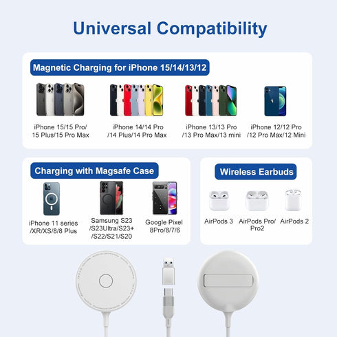 15W Magnetic Wireless Charger with Kickstand for iPhone 15/14/13/12 Series, Airpods 3, Magsafe Wireless Fast Charging Pad for Samsung Galaxy S24 S...