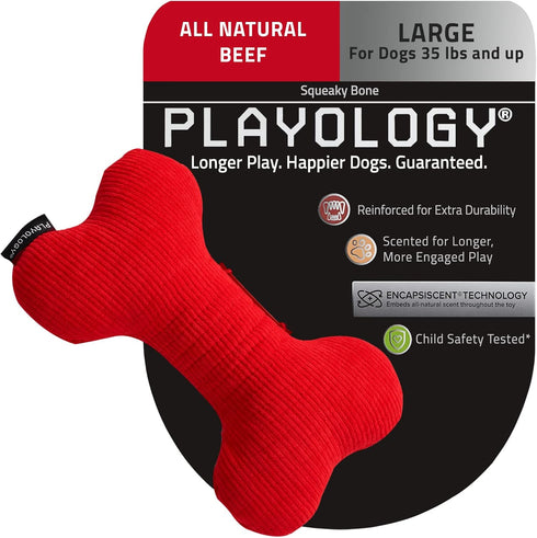 Playology Plush Squeaky Bone Dog Toy - Engaging All Natural Beef Scented Plush Dog Toy with Interactive Squeaker for Large Dogs (35lbs & Up) - Eas...