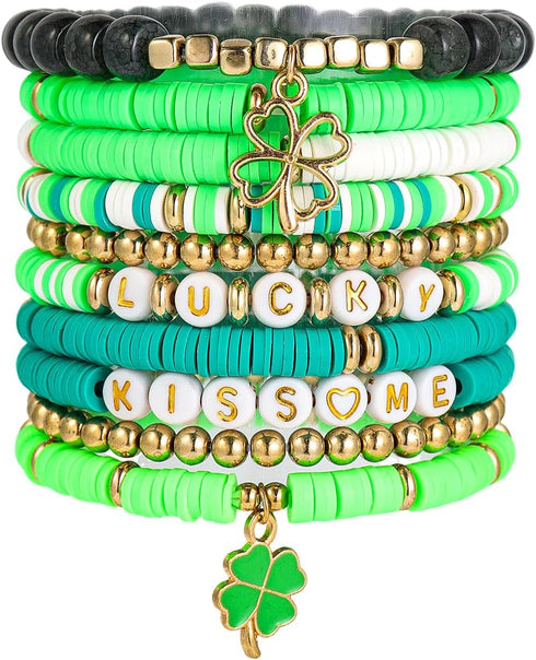 Fuqimanman2020 St. Patrick's Day Bracelets Set Shamrock Surfer Heishi Beaded Stretch Layering Friendship Irish Stackable Adjustable for Women Fest...