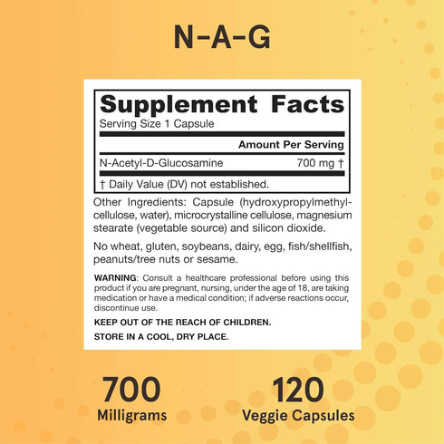 Jarrow Formulas N-A-G 700 mg, N-Acetyl Glucosamine, Acetylated Form of Glucosamine for Bone and Joint Support, 120 Veggie Capsules, Up to 120 Serv...