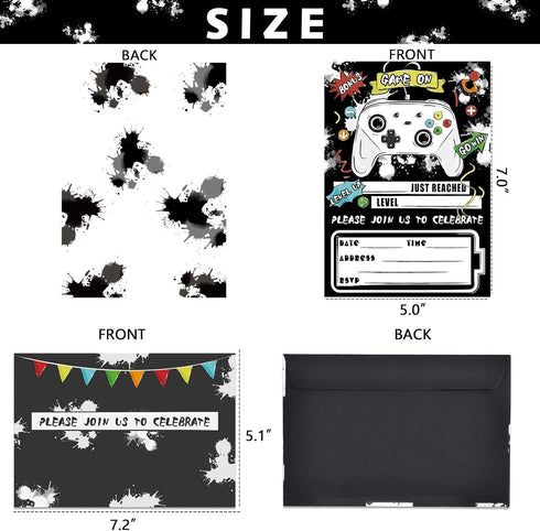 WERNNSAI Watercolor Video Game Party Invites - 20 Set Fill-in Invitations with Envelopes for Boys Game Theme Birthday Party Supplies Double-Sided ...