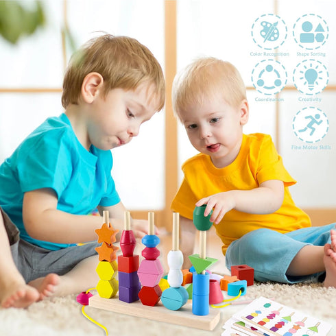 Montessori Beads Sequencing Toy Set, Wooden Stacking Blocks & Lacing Beads & Matching Shape Stacker STEM Preschool Learning Montessori Toys Gifts ...