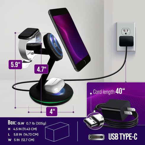 3 in 1 Magnetic Wireless Charging Station Fast Mag-Safe Charging Adapter Compatible with Apple Devices iPhone 15 14 13 12 Pro/Pro Max/Plus/Mini Ai...