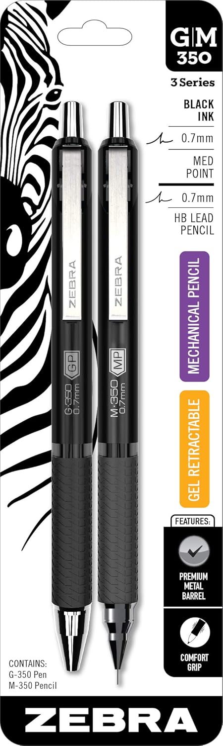 Zebra Pen G-350 and M-350 Retractable Gel Pen/Mechanical Pencil Set, Premium Black Metal Barrel, Medium Point, 0.7mm, (11112), 2 Count (Pack of 1)...