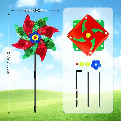timecity 4 PCS Pinwheels Red Green Wind Spinners 9.5inch Sparkly Garden Pinwheel Reflective Windmills Scare Birds Animal Away Spinner for Yard and...