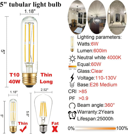 LiteHistory Tubular Light Bulb 6W Equal E26 LED Bulb 60 Watt dimmable Neutral White 4000K E26 Edison Bulb AC120V 600lm T9 T10 LED Bulb for Rustic ...